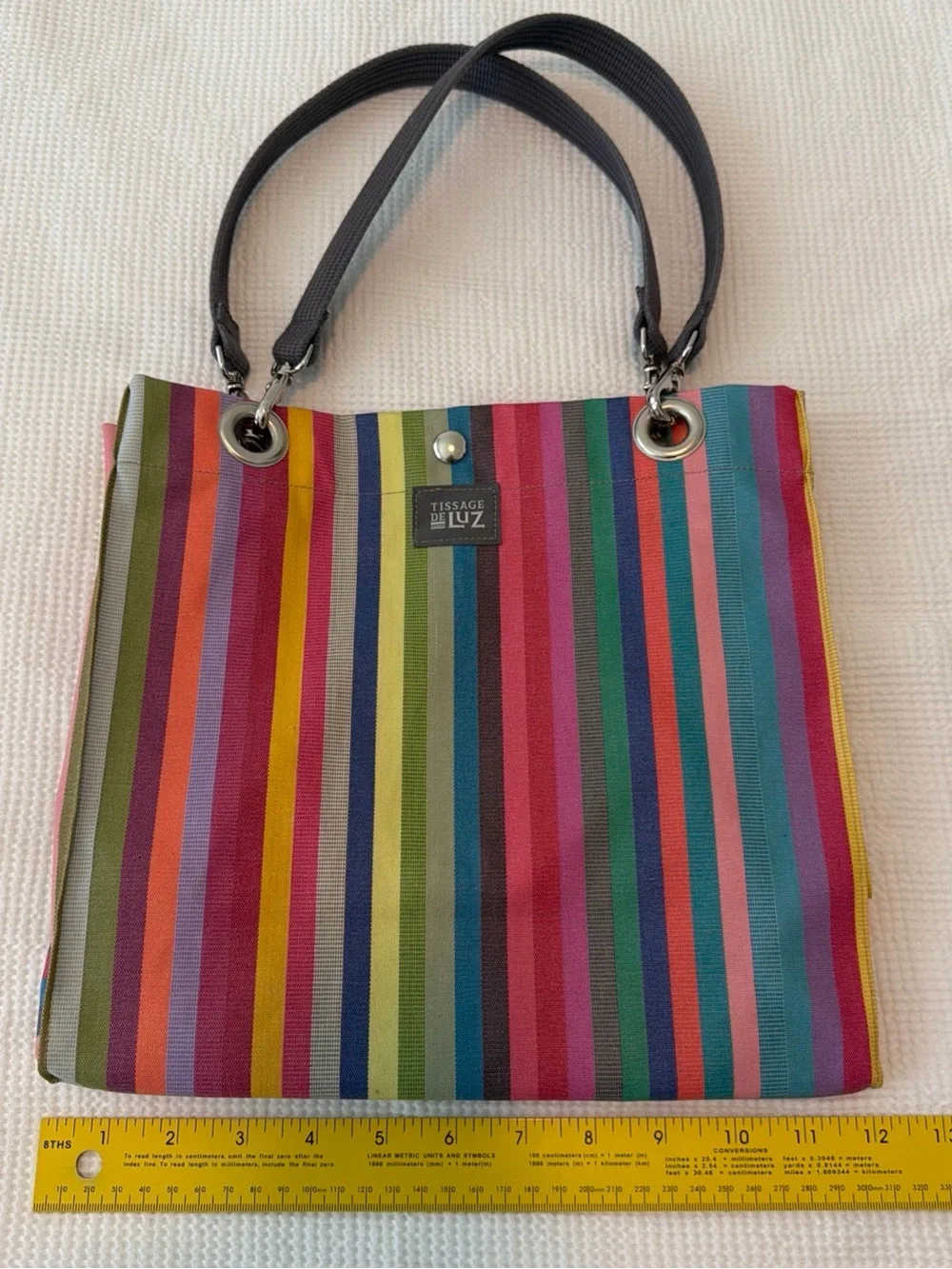 Tissage de Luz French Basque Canvas Multicolor Stripe Tote Bag w/ Black Handles